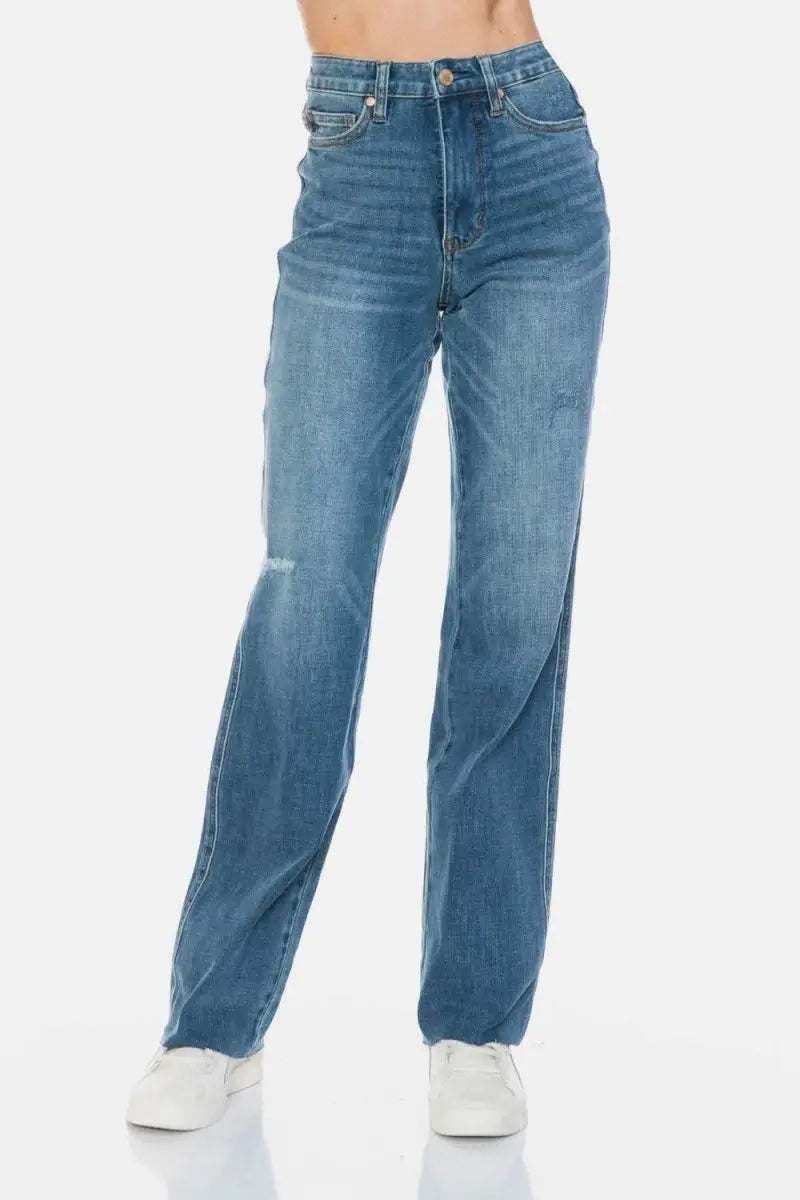 Judy Blue Full Size Tummy Control Cut Raw Hem Straight Jeans - Sleekdenim.com