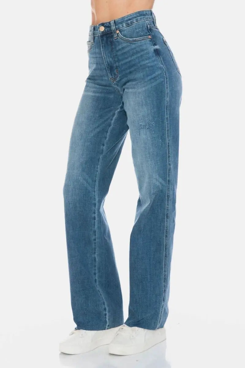 Judy Blue Full Size Tummy Control Cut Raw Hem Straight Jeans - Sleekdenim.com