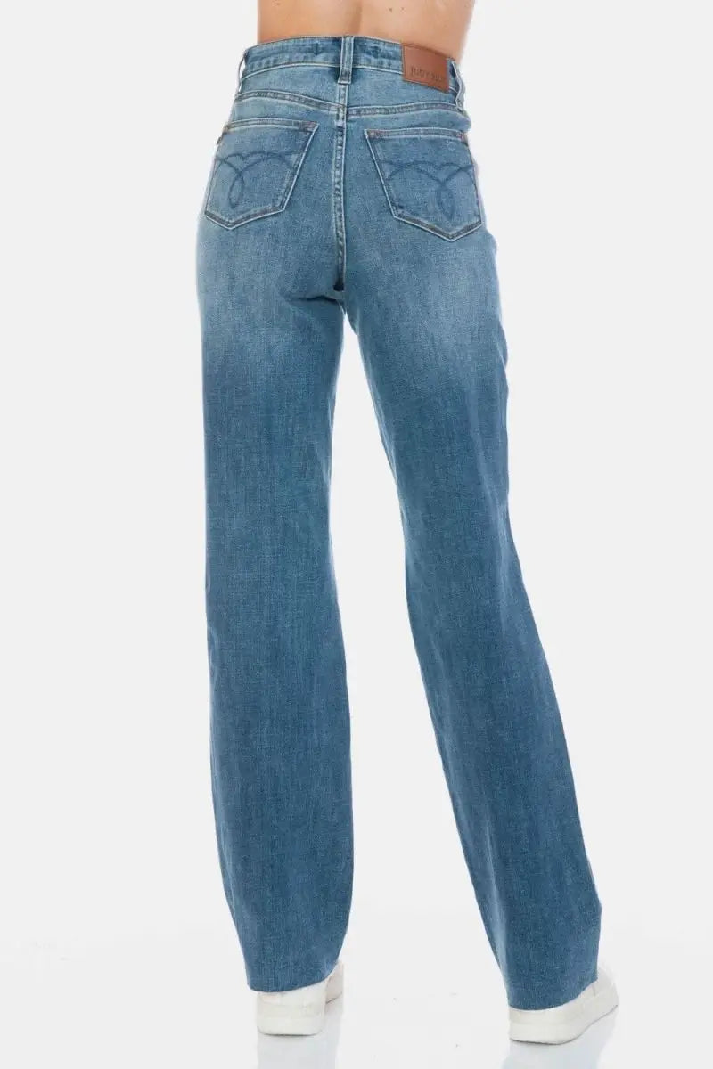 Judy Blue Full Size Tummy Control Cut Raw Hem Straight Jeans - Sleekdenim.com