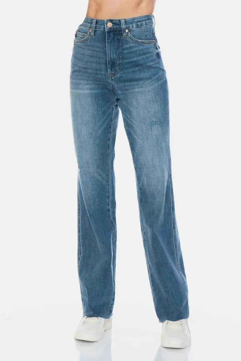 Judy Blue Full Size Tummy Control Cut Raw Hem Straight Jeans - Sleekdenim.com