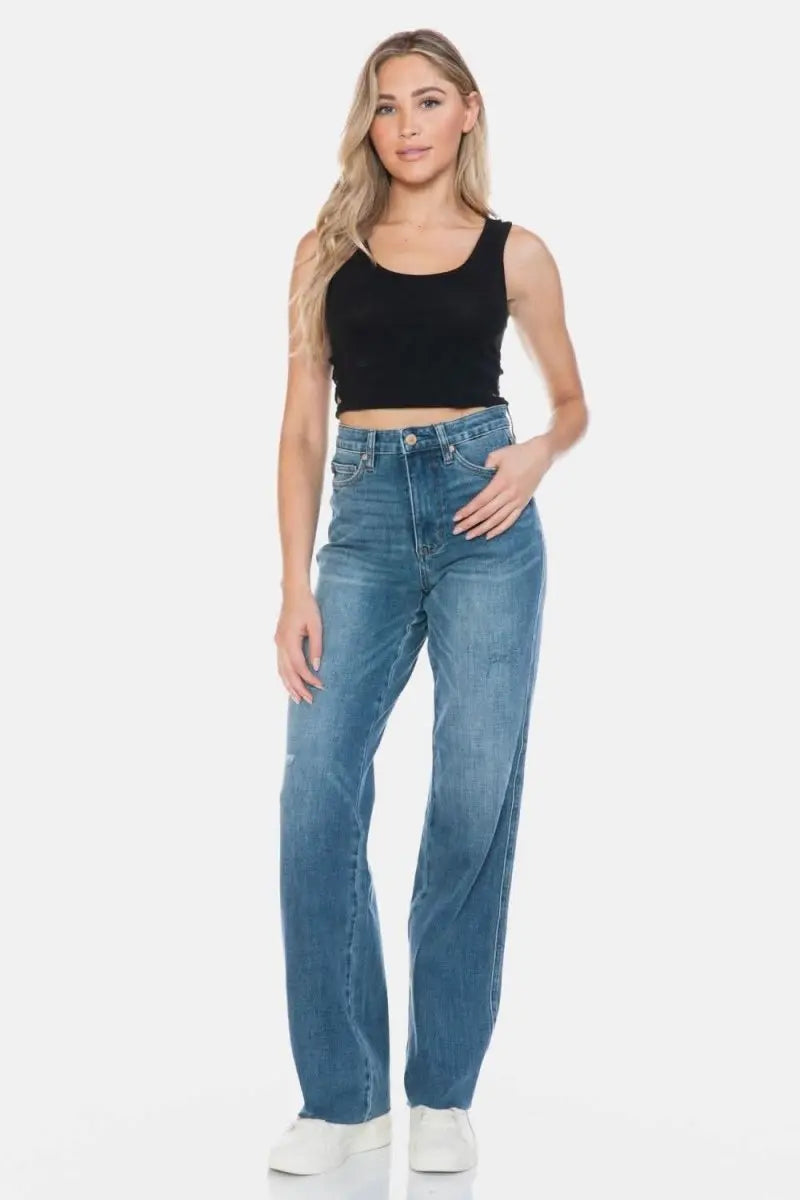 Judy Blue Full Size Tummy Control Cut Raw Hem Straight Jeans - Sleekdenim.com