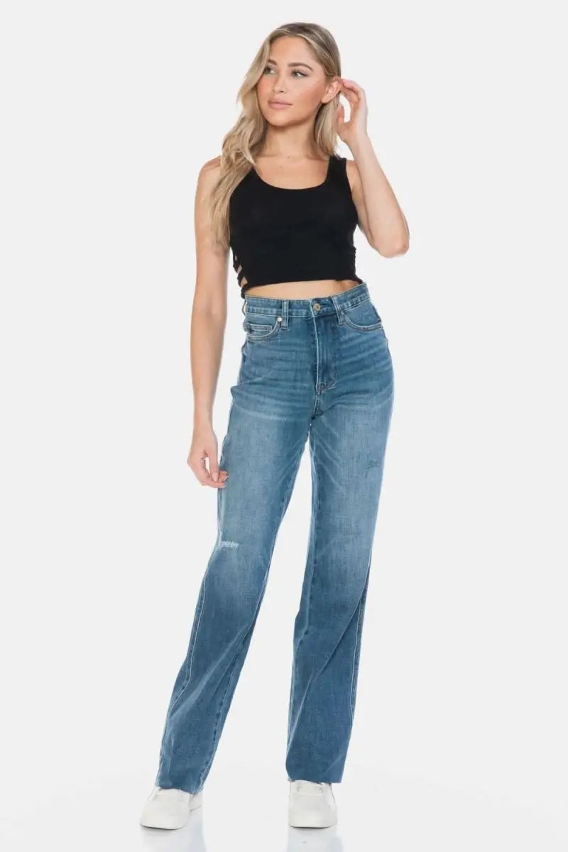 Judy Blue Full Size Tummy Control Cut Raw Hem Straight Jeans - Sleekdenim.com