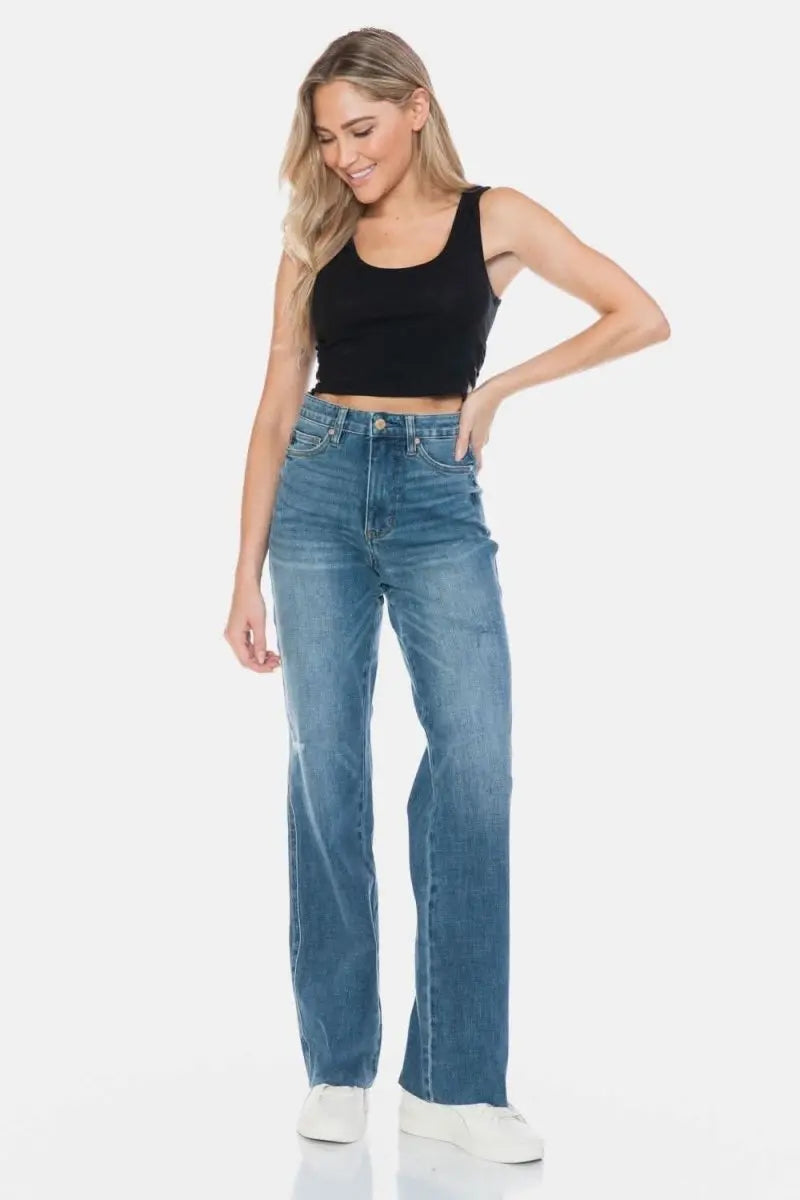 Judy Blue Full Size Tummy Control Cut Raw Hem Straight Jeans - Sleekdenim.com