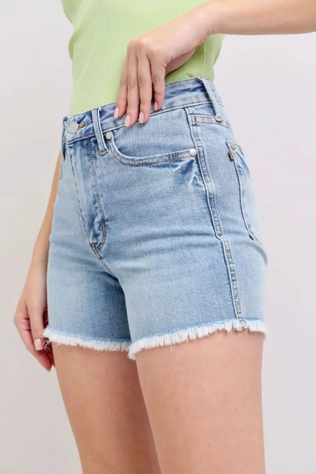 Judy Blue Full Size Tummy Control Raw Hem Denim Shorts Plus Size - Sleekdenim.com