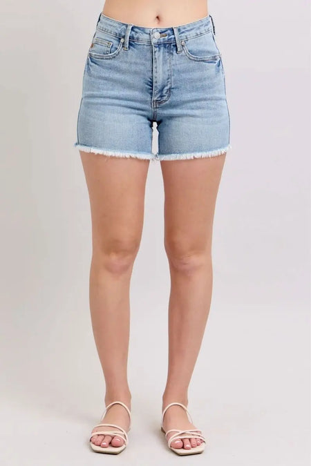 Judy Blue Full Size Tummy Control Raw Hem Denim Shorts Plus Size - Sleekdenim.com