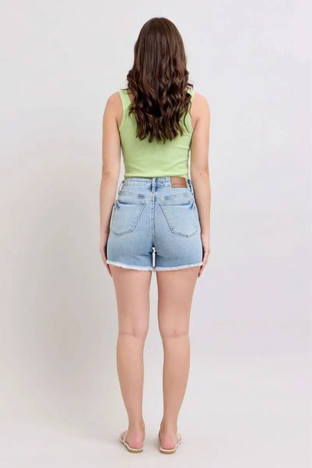 Judy Blue Full Size Tummy Control Raw Hem Denim Shorts Plus Size - Sleekdenim.com