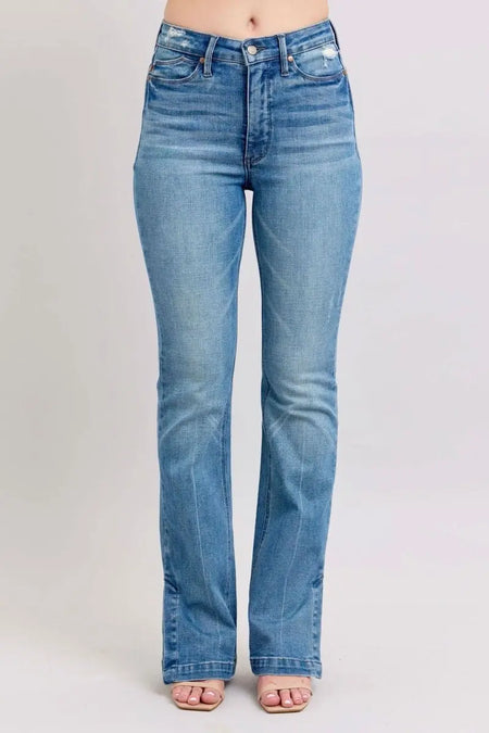 Judy Blue HW Tummy Control Vintage Wash Side Slit Slim Boot Jeans - Sleekdenim.com