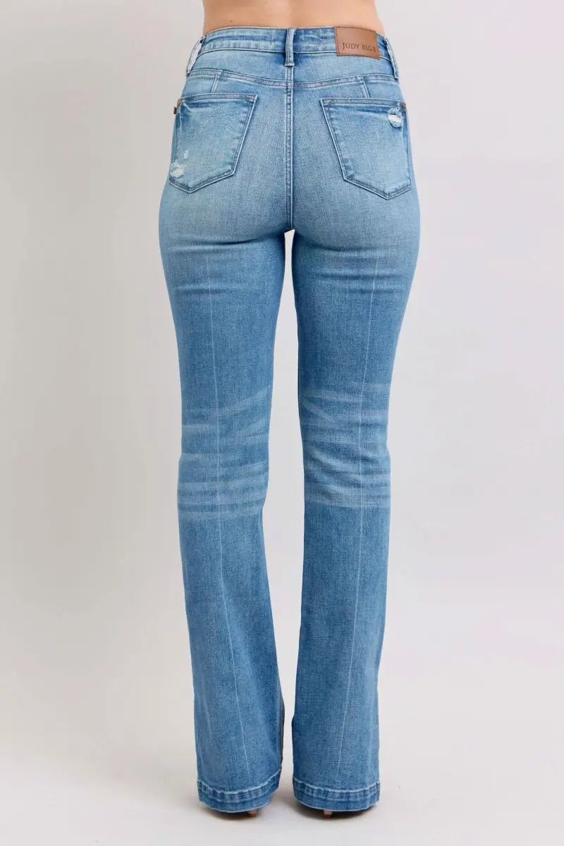 Judy Blue HW Tummy Control Vintage Wash Side Slit Slim Boot Jeans - Sleekdenim.com