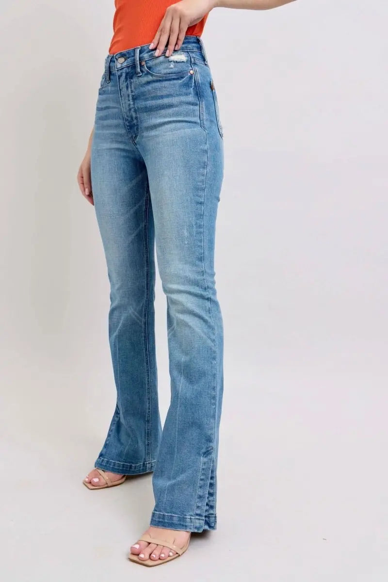 Judy Blue HW Tummy Control Vintage Wash Side Slit Slim Boot Jeans - Sleekdenim.com