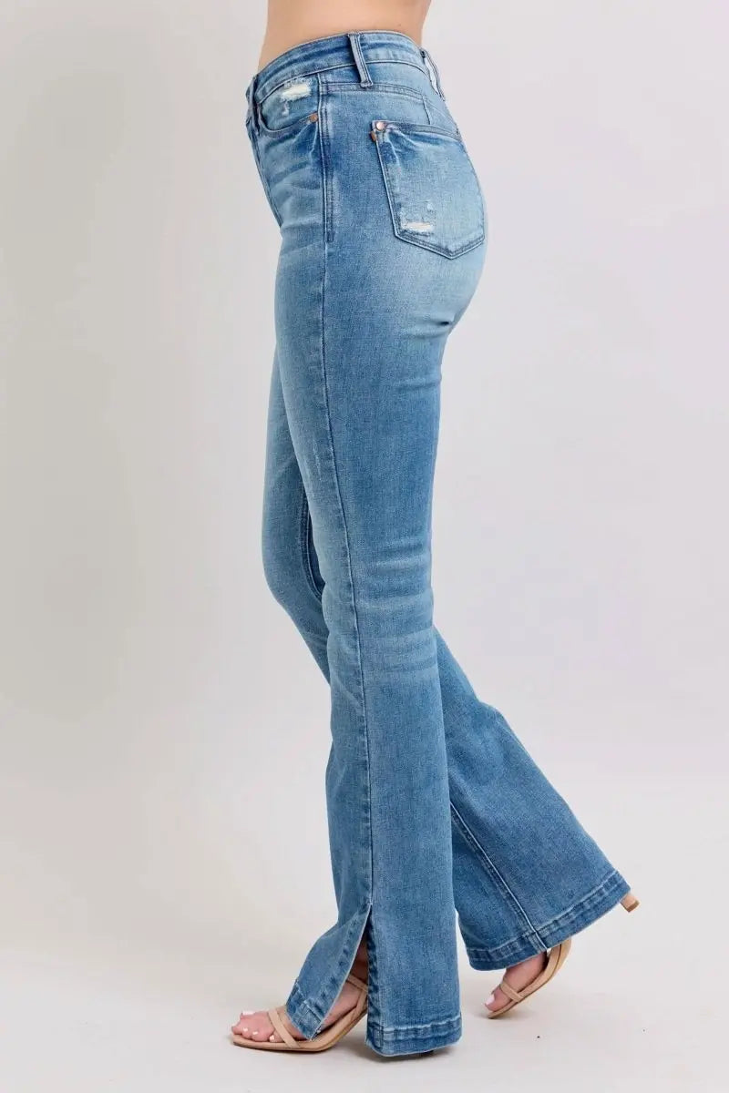 Judy Blue HW Tummy Control Vintage Wash Side Slit Slim Boot Jeans - Sleekdenim.com