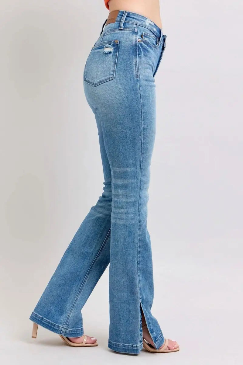 Judy Blue HW Tummy Control Vintage Wash Side Slit Slim Boot Jeans - Sleekdenim.com