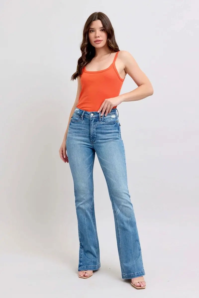 Judy Blue HW Tummy Control Vintage Wash Side Slit Slim Boot Jeans - Sleekdenim.com