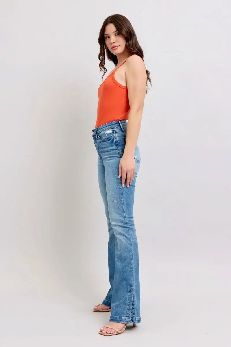 Judy Blue HW Tummy Control Vintage Wash Side Slit Slim Boot Jeans - Sleekdenim.com