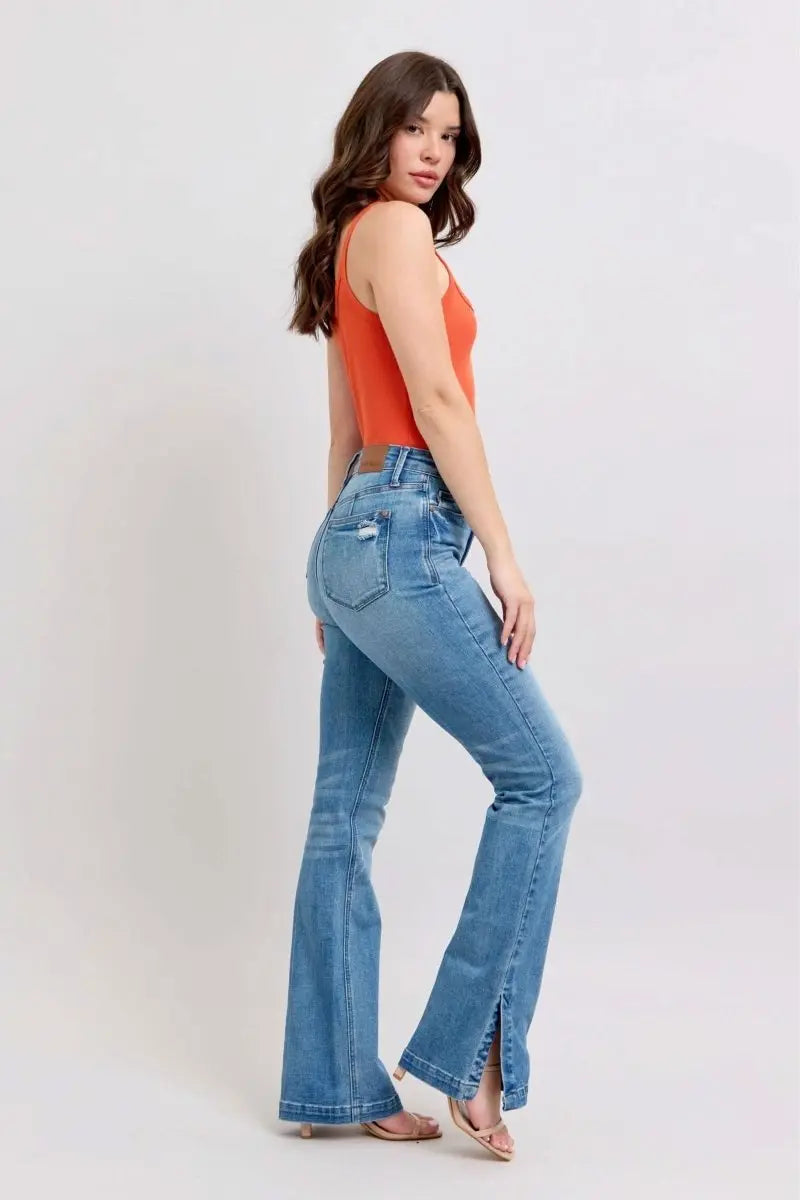 Judy Blue HW Tummy Control Vintage Wash Side Slit Slim Boot Jeans - Sleekdenim.com