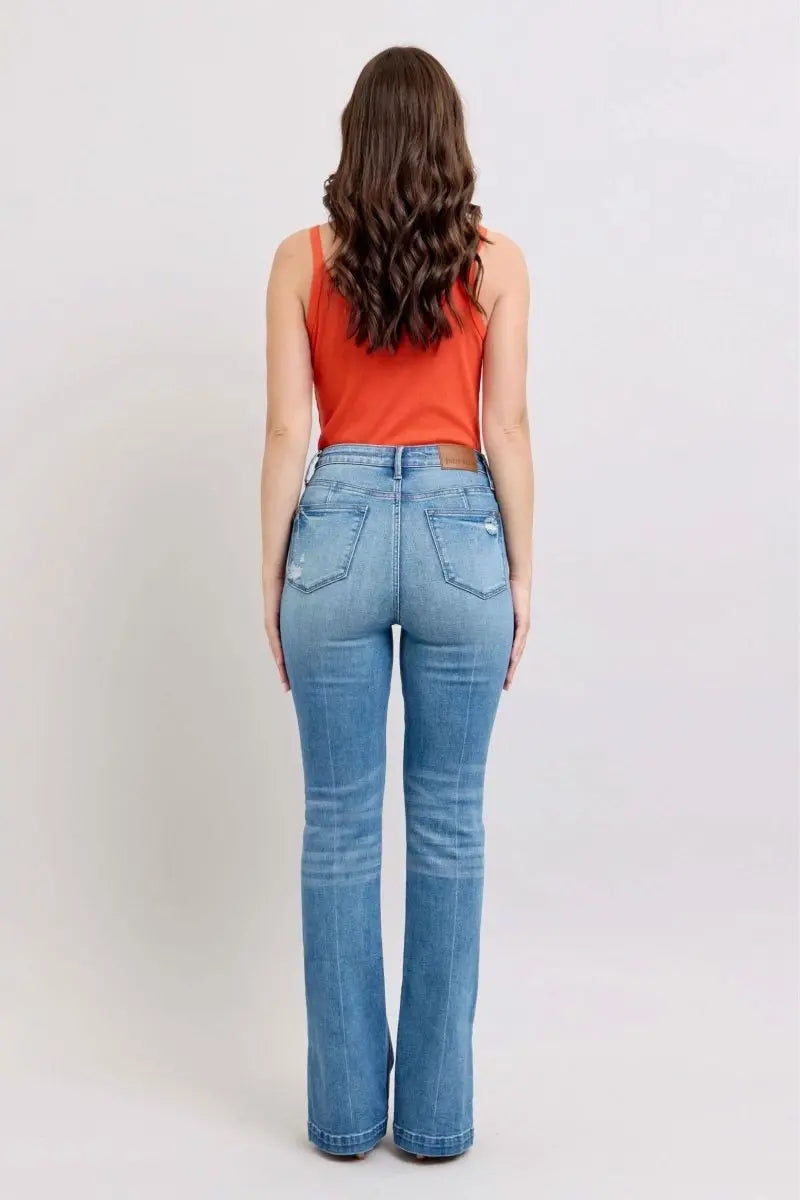 Judy Blue HW Tummy Control Vintage Wash Side Slit Slim Boot Jeans - Sleekdenim.com