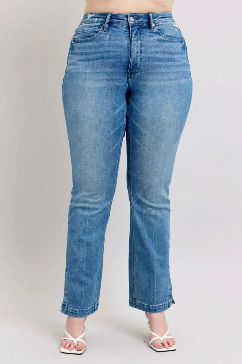 Judy Blue HW Tummy Control Vintage Wash Side Slit Slim Boot Jeans - Sleekdenim.com