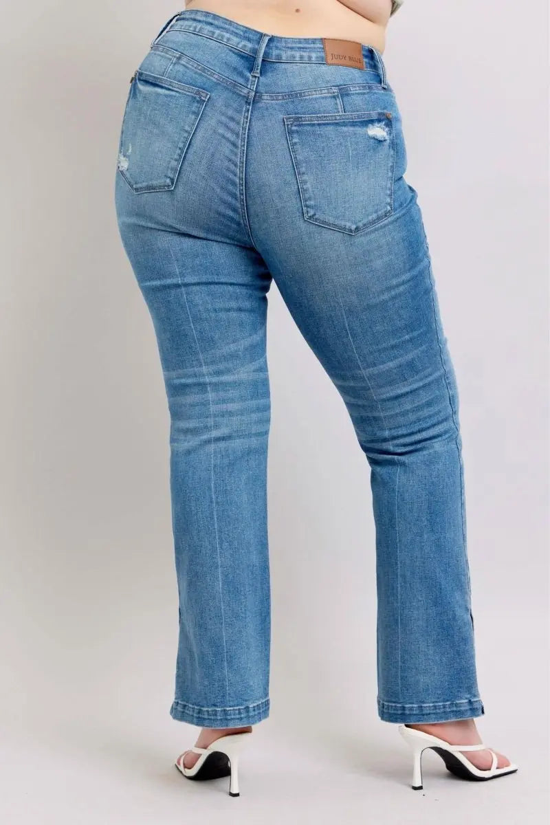 Judy Blue HW Tummy Control Vintage Wash Side Slit Slim Boot Jeans - Sleekdenim.com