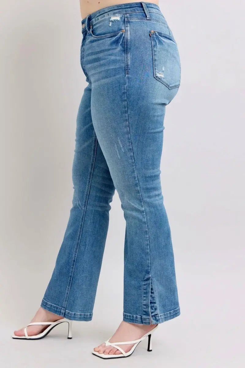 Judy Blue HW Tummy Control Vintage Wash Side Slit Slim Boot Jeans - Sleekdenim.com