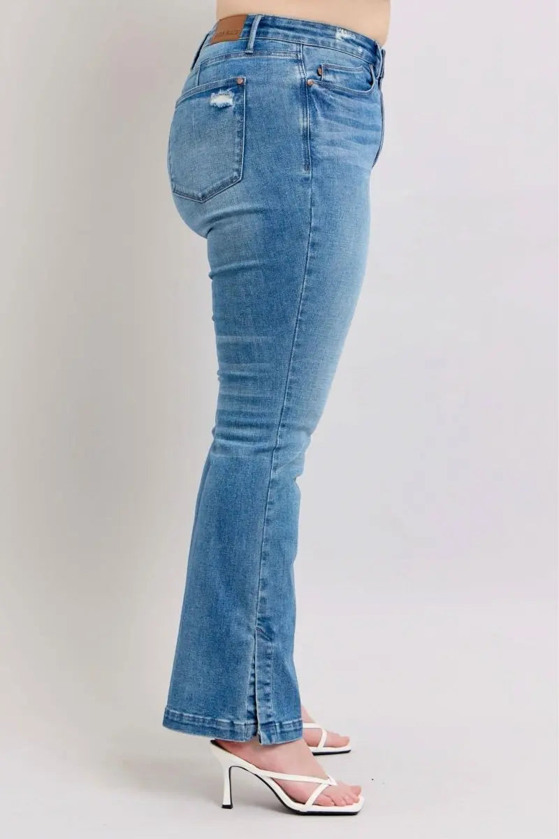 Judy Blue HW Tummy Control Vintage Wash Side Slit Slim Boot Jeans - Sleekdenim.com