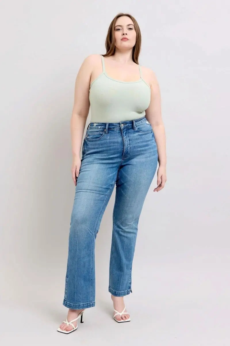 Judy Blue HW Tummy Control Vintage Wash Side Slit Slim Boot Jeans - Sleekdenim.com