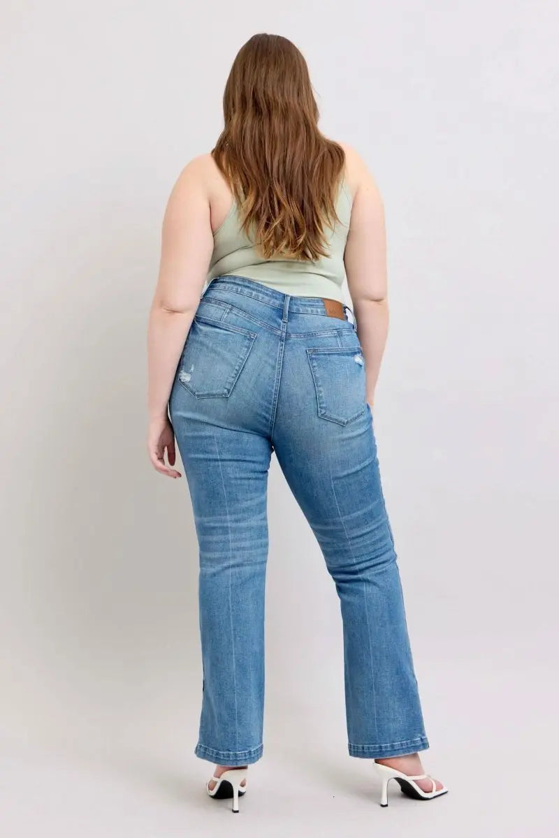 Judy Blue HW Tummy Control Vintage Wash Side Slit Slim Boot Jeans - Sleekdenim.com