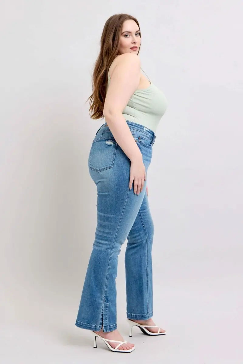 Judy Blue HW Tummy Control Vintage Wash Side Slit Slim Boot Jeans - Sleekdenim.com