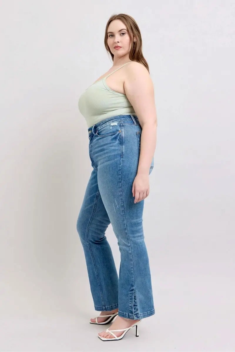 Judy Blue HW Tummy Control Vintage Wash Side Slit Slim Boot Jeans - Sleekdenim.com