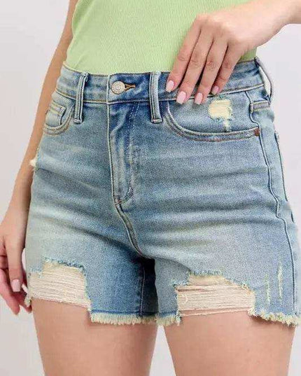 Judy Blue High Rise Washed Fly Stitch Detail Denim Shorts 150323 - Sleekdenim.com