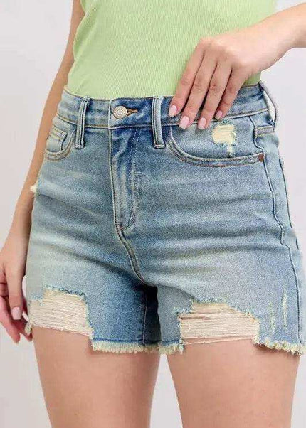 Judy Blue High Rise Washed Fly Stitch Detail Denim Shorts 150323 - Sleekdenim.com