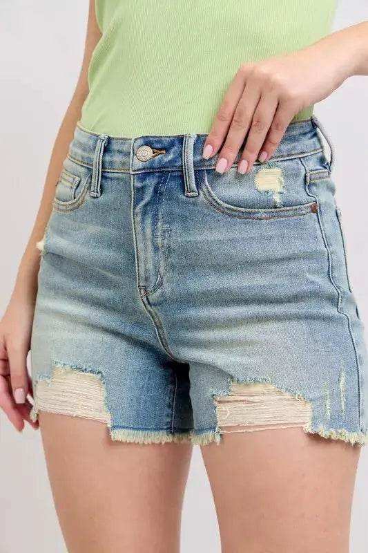 Judy Blue High Rise Washed Fly Stitch Detail Denim Shorts 150323 - Sleekdenim.com
