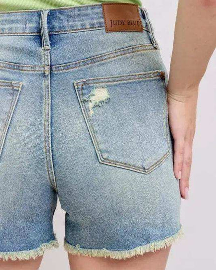 Judy Blue High Rise Washed Fly Stitch Detail Denim Shorts 150323 - Sleekdenim.com