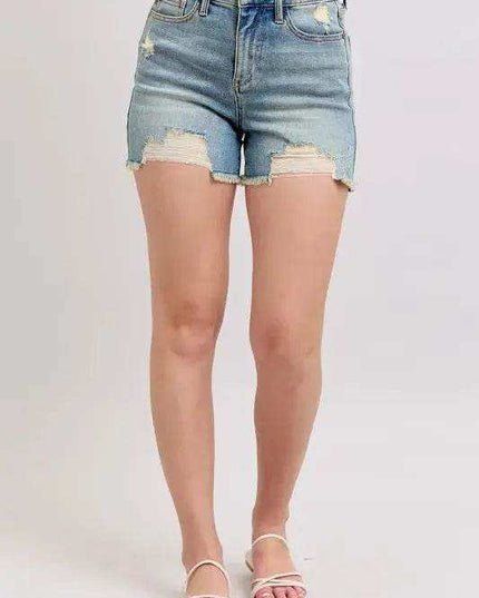 Judy Blue High Rise Washed Fly Stitch Detail Denim Shorts 150323 - Sleekdenim.com