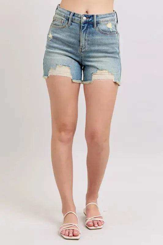 Judy Blue High Rise Washed Fly Stitch Detail Denim Shorts 150323 - Sleekdenim.com