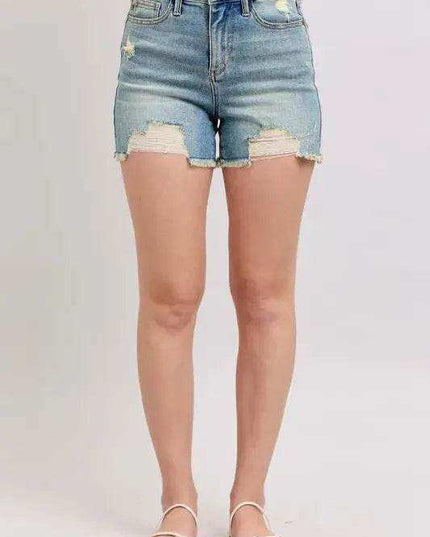 Judy Blue High Rise Washed Fly Stitch Detail Denim Shorts 150323 - Sleekdenim.com
