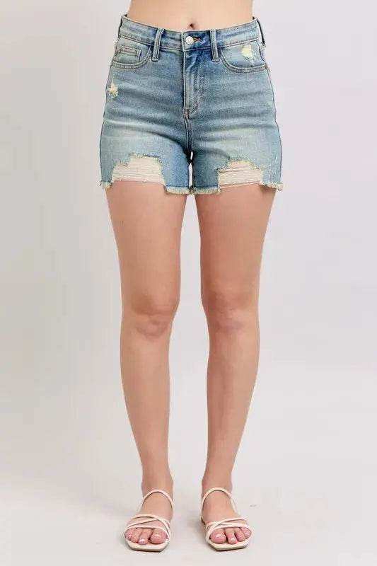 Judy Blue High Rise Washed Fly Stitch Detail Denim Shorts 150323 - Sleekdenim.com