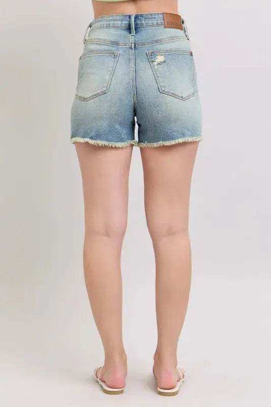 Judy Blue High Rise Washed Fly Stitch Detail Denim Shorts 150323 - Sleekdenim.com