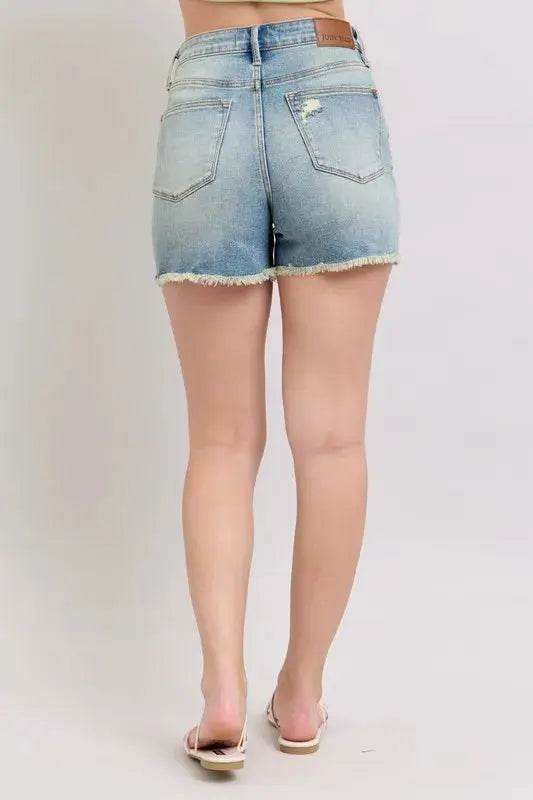 Judy Blue High Rise Washed Fly Stitch Detail Denim Shorts 150323 - Sleekdenim.com