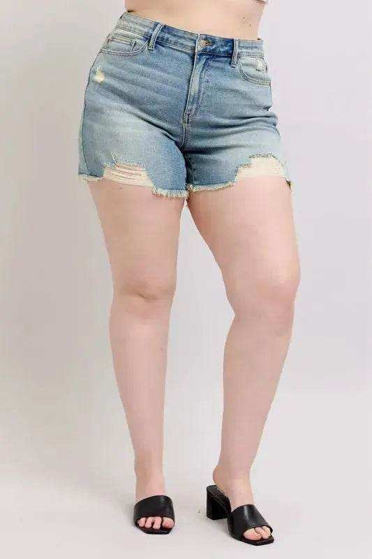 Judy Blue High Rise Washed Fly Stitch Detail Denim Shorts 150323 - Sleekdenim.com