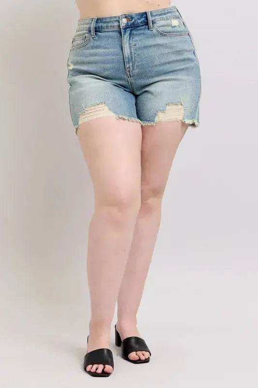 Judy Blue High Rise Washed Fly Stitch Detail Denim Shorts 150323 - Sleekdenim.com