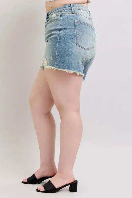 Judy Blue High Rise Washed Fly Stitch Detail Denim Shorts 150323 - Sleekdenim.com