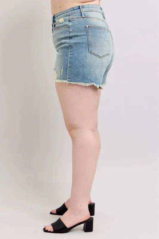 Judy Blue High Rise Washed Fly Stitch Detail Denim Shorts 150323 - Sleekdenim.com