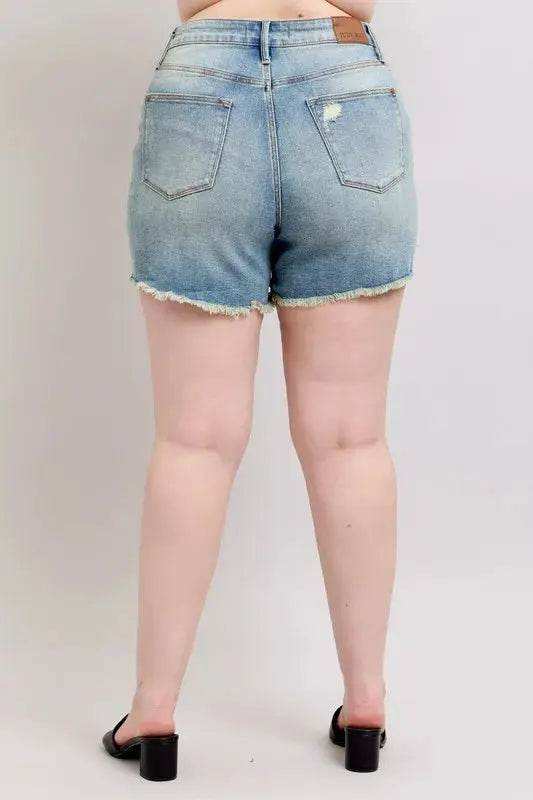 Judy Blue High Rise Washed Fly Stitch Detail Denim Shorts 150323 - Sleekdenim.com