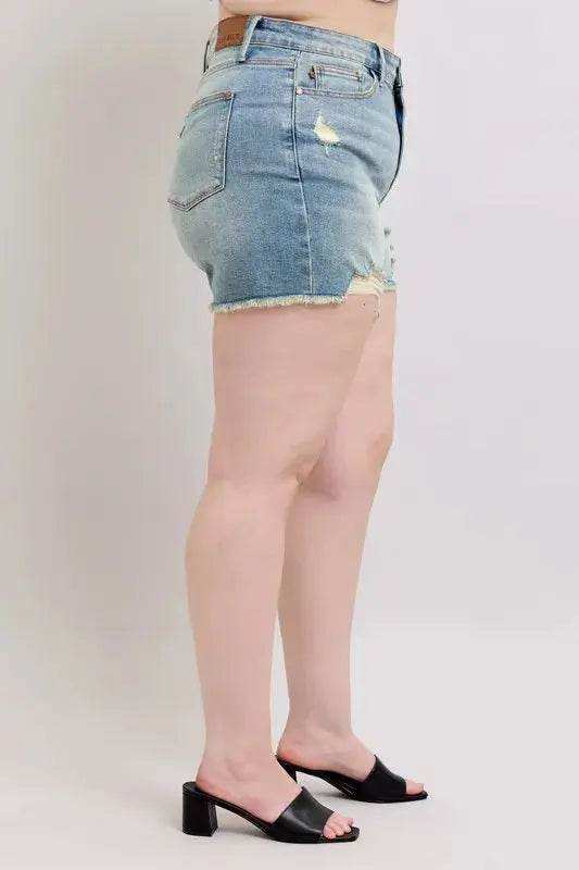 Judy Blue High Rise Washed Fly Stitch Detail Denim Shorts 150323 - Sleekdenim.com