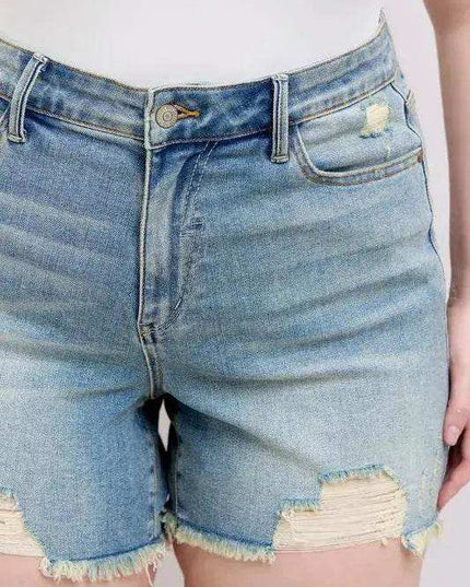 Judy Blue High Rise Washed Fly Stitch Detail Denim Shorts 150323 - Sleekdenim.com