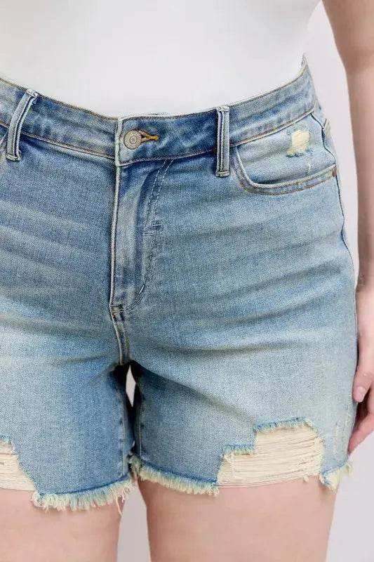 Judy Blue High Rise Washed Fly Stitch Detail Denim Shorts 150323 - Sleekdenim.com