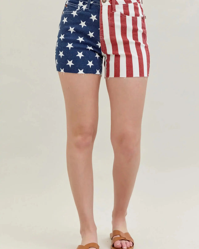 Judy Blue High Waist Americana Flag Fray Hem Shorts 150273 - Sleekdenim.com