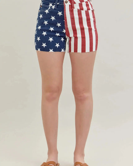 Judy Blue High Waist Americana Flag Fray Hem Shorts 150273 - Sleekdenim.com