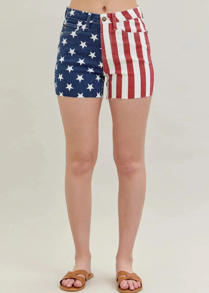 Judy Blue High Waist Americana Flag Fray Hem Shorts 150273 - Sleekdenim.com