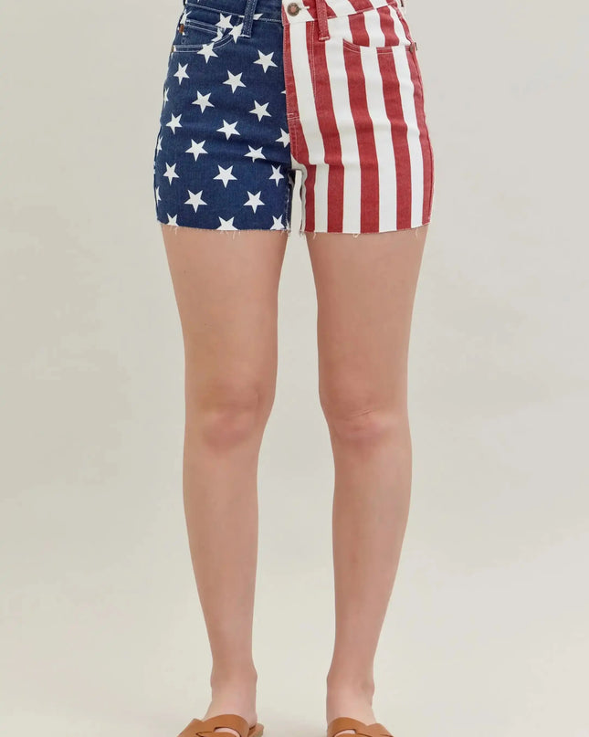 Judy Blue High Waist Americana Flag Fray Hem Shorts 150273 - Sleekdenim.com