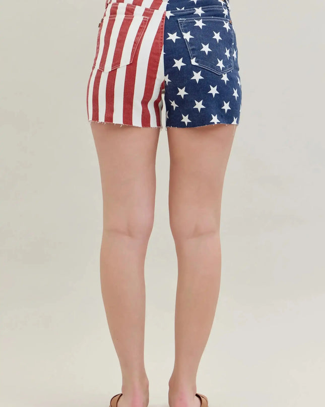Judy Blue High Waist Americana Flag Fray Hem Shorts 150273 - Sleekdenim.com